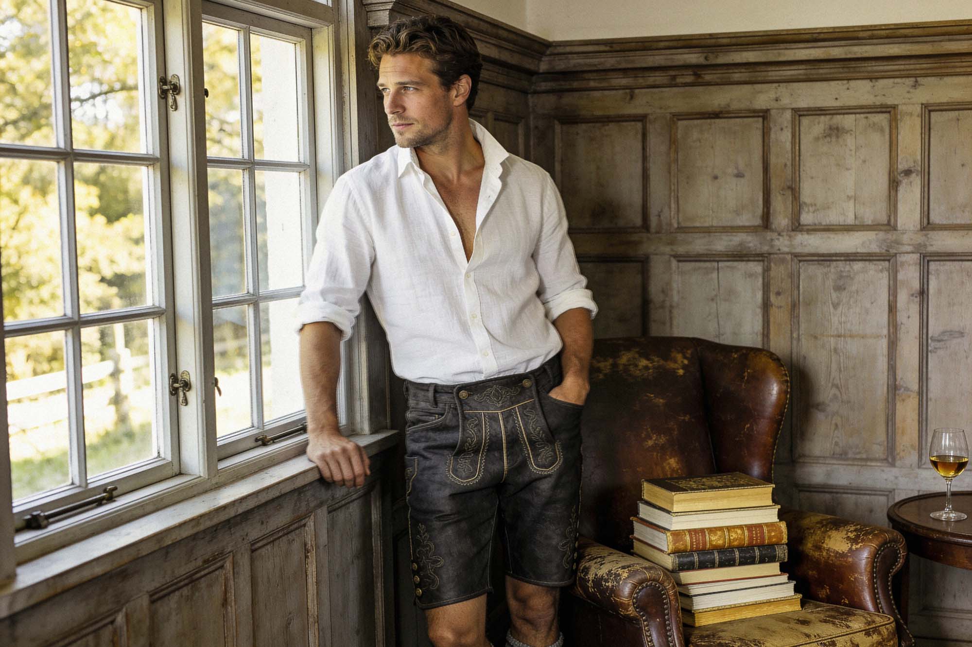An attractive real person in fine dark charcoal Lederhose, standing in a lived-in Bavarian Landgut study. The room has aged wood paneling, a stack of books on a worn leather armchair, a glass of wine on the side table.