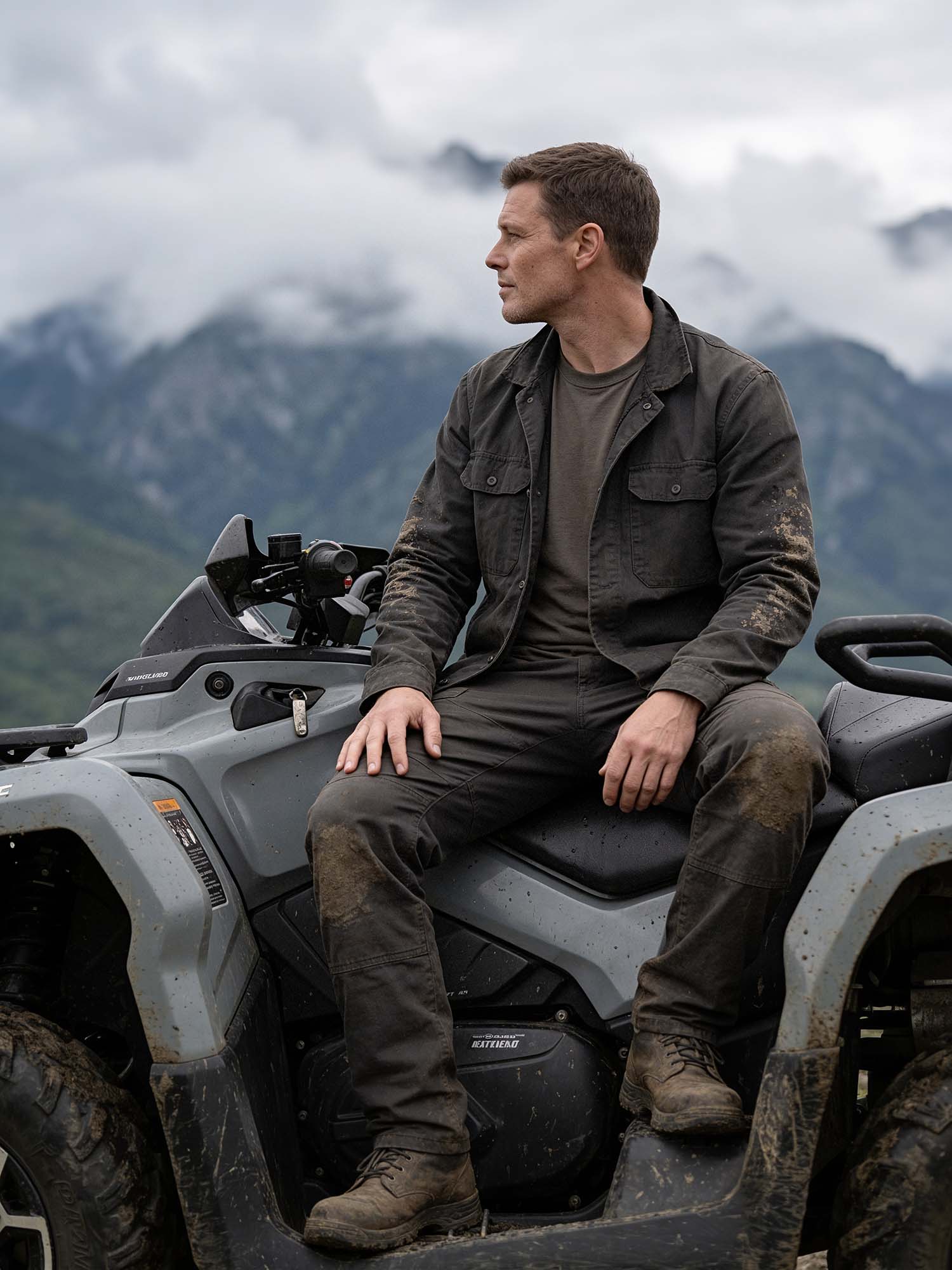 A man in workwear, posing in a cloud covered mountain range, half-standing, half-seated on a ATV, feet braced on the footrests and fender.