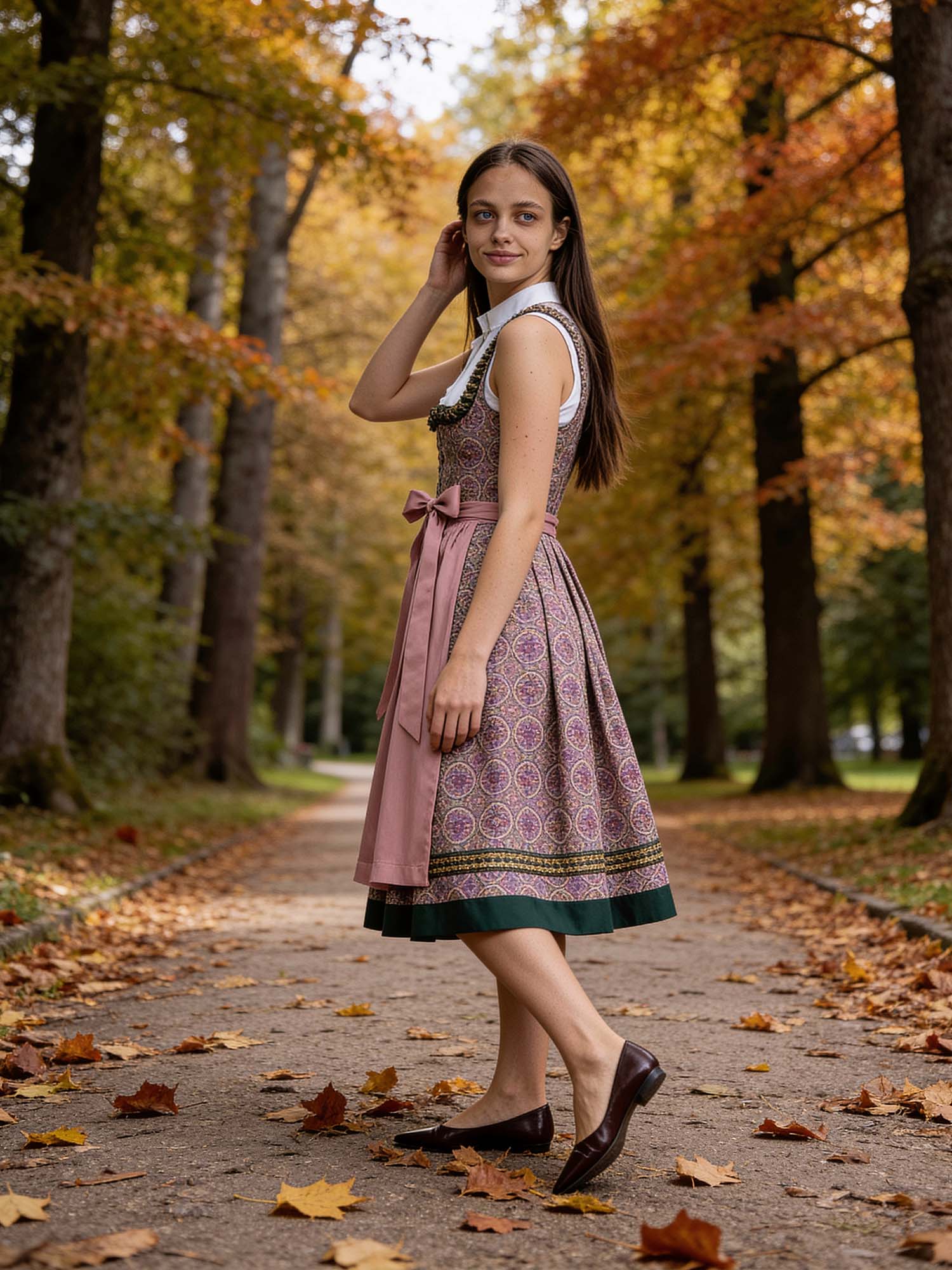 A young woman with long straight dark brown hair, fair skin, subtle freckles, bright blue eyes, walks along a leaf-covered path in the Englischer Garten in Munich, She is waering a traditional dirndl looking over her shoulder with a soft, natural smile .