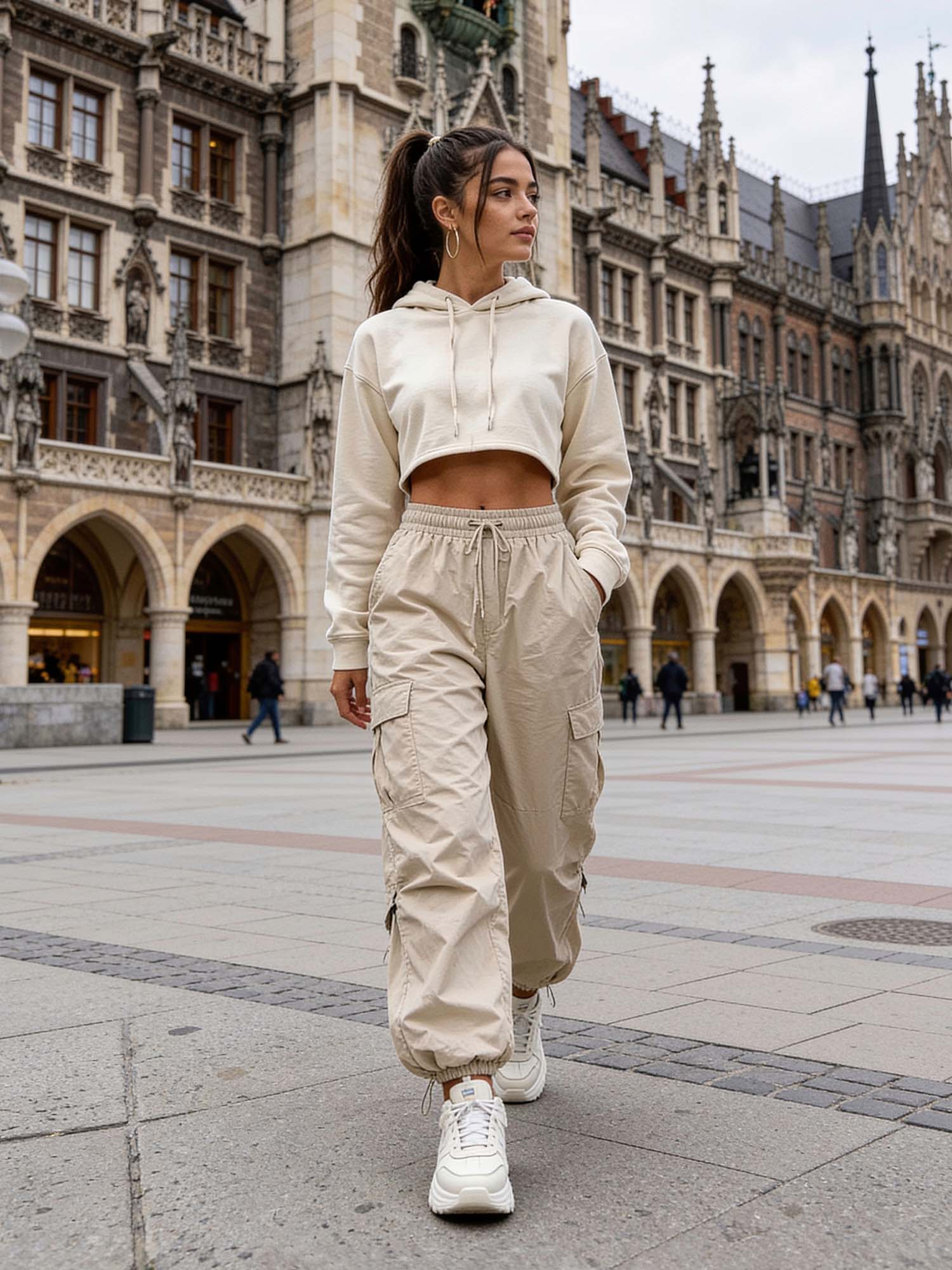 A young woman in her mid-20s with long straight dark brown hair, fair skin, subtle freckles, bright blue eyes, walks directly toward the camera across Marienplatz in Munich. She wears a cream cropped hoodie, tan cargo pants, and white sneakers.